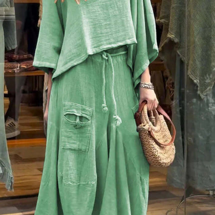 Womens Casual Loose Long Sleeve Top And Skirt Set in green, featuring a loose top and flowy skirt, perfect for casual outings.