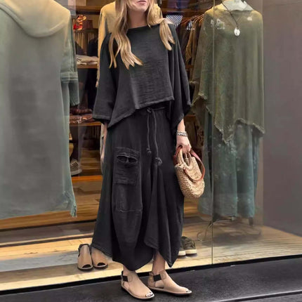 Womens Casual Loose Long Sleeve Top And Skirt Set worn by a model in a stylish urban setting.