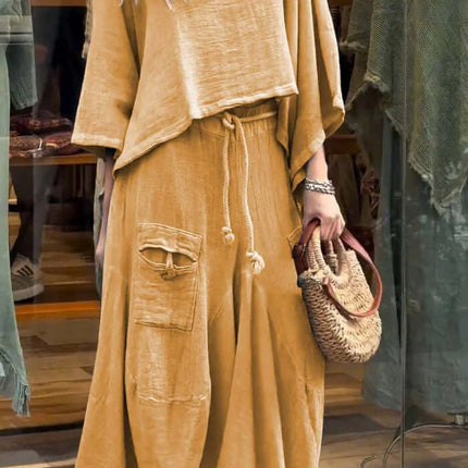 Womens Casual Loose Long Sleeve Top And Skirt Set in light yellow, perfect for a relaxed day out, featuring loose fit and stylish design.
