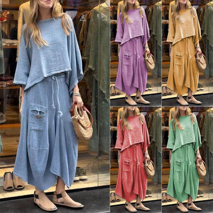 Womens Casual Loose Long Sleeve Top And Skirt Set in various colors, showcasing relaxed style and comfort.