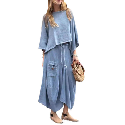 Womens Casual Loose Long Sleeve Top And Skirt Set in light blue, featuring a relaxed fit and stylish pockets.