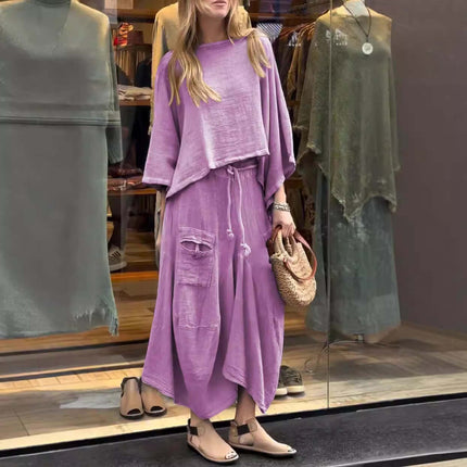 Womens Casual Loose Long Sleeve Top And Skirt Set in purple, featuring a relaxed fit, stylish pockets, and a chic summer look.