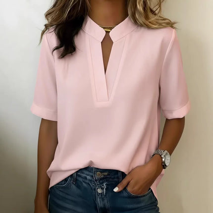 Women's Casual Short Sleeve Crew Neck Summer Tee Top in pink with a stylish neckline and rolled sleeves.