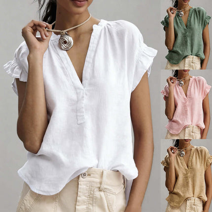 Women's Casual V-Neck Cotton-Linen Ruffle Blouse Top detailed bust conversion and clothing length metrics chart
