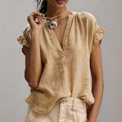 Women's Casual V-Neck Cotton-Linen Ruffle Blouse Top lightweight split V-neck design elements on boutique apparel model