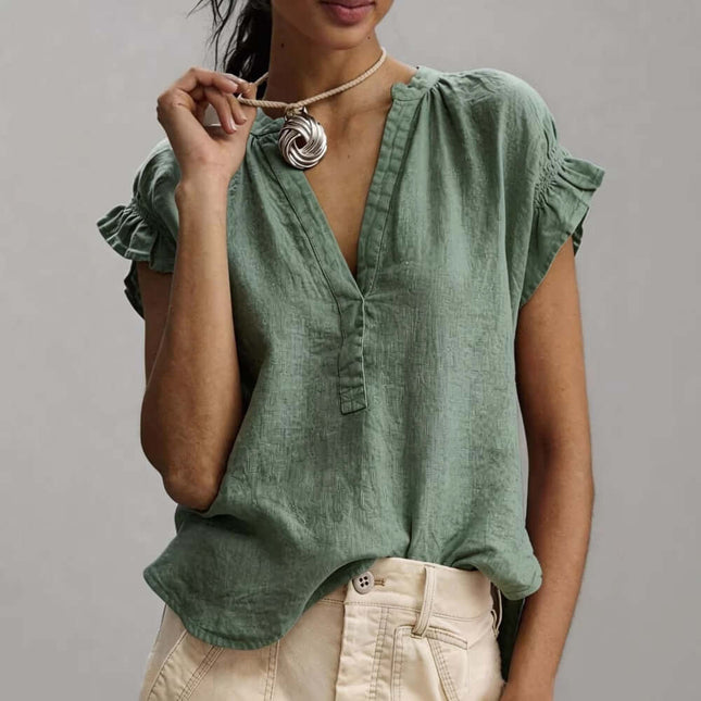 Women's Casual V-Neck Cotton-Linen Ruffle Blouse Top breathable summer ruffle sleeve short sleeve corporate attire layout
