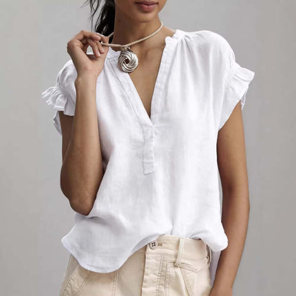 Women's Casual V-Neck Cotton-Linen Ruffle Blouse Top organic white cotton linen fabric weave close-up layout