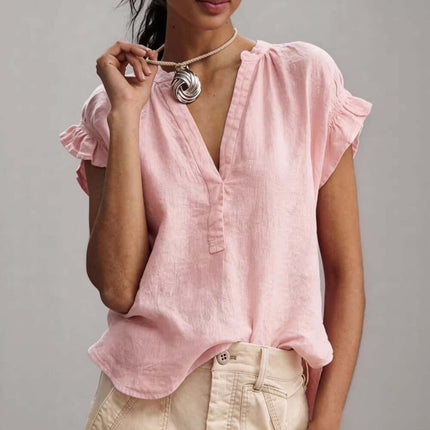 Women's Casual V-Neck Cotton-Linen Ruffle Blouse Top soft pink color option styled inside a lifestyle studio setup