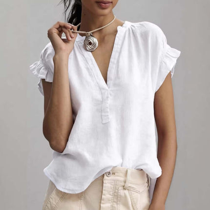 Women's Casual V-Neck Cotton-Linen Ruffle Blouse Top regular fit pure solid color blouse for daily workspace comfort