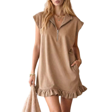 Womens Casual V Neck Ruffle Sleeveless Pocket Dress in tan with zipper and ruffle hem