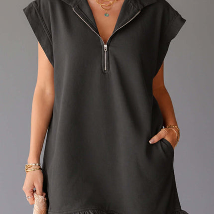 Womens Casual V Neck Ruffle Sleeveless Pocket Dress in dark grey with zip collar and ruffle hem, stylish and versatile.