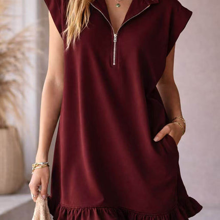 Womens Casual V Neck Ruffle Sleeveless Pocket Dress in burgundy with a zip collar and ruffled hem.