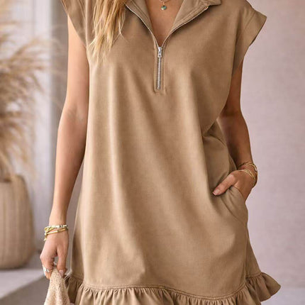 Womens Casual V Neck Ruffle Sleeveless Pocket Dress in tan with zip detail and ruffle hem, perfect for casual outings.