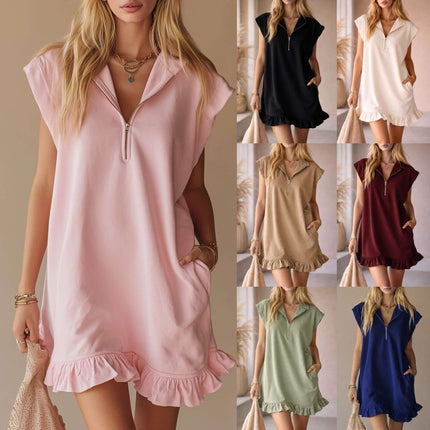 Womens Casual V Neck Ruffle Sleeveless Pocket Dress in various colors, showcasing pink, black, beige, burgundy, green, and navy styles.