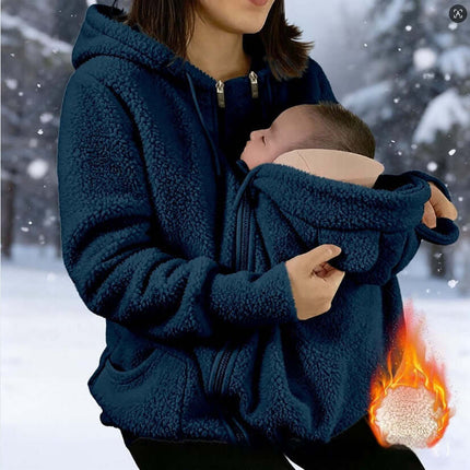 Womens Corduroy Hooded Jacket With Baby Pocket in navy color, featuring a cozy design and a baby pouch for warmth.