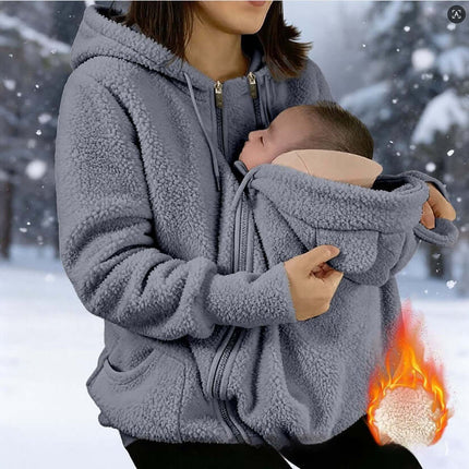 Womens Corduroy Hooded Jacket With Baby Pocket, a stylish and cozy outerwear option for mothers and their infants.