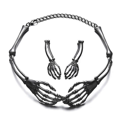 Womens Dark Gothic Skeleton Hand Necklace Earrings Set featuring a unique skeletal design in black metal.