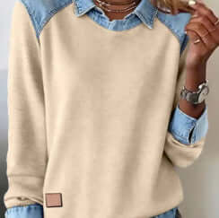 Womens Denim Collar Long Sleeve Patchwork Knitwear Top in beige with denim collar and sleeves