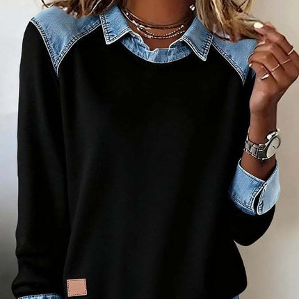 Womens Denim Collar Long Sleeve Patchwork Knitwear Top featuring a stylish black body and denim collar.