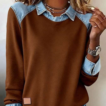 Womens Denim Collar Long Sleeve Patchwork Knitwear Top in brown and denim with layered collar and stylish design.