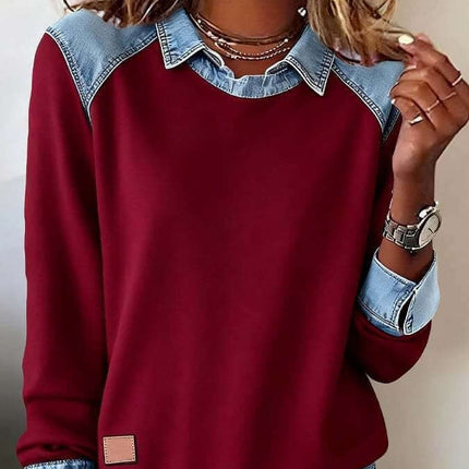 Womens Denim Collar Long Sleeve Patchwork Knitwear Top in burgundy with denim accents and layered look.