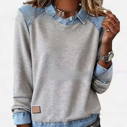 Womens Denim Collar Long Sleeve Patchwork Knitwear Top featuring a stylish gray body and denim collar, perfect for casual wear.