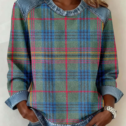 Womens Denim Collar Long Sleeve Patchwork Knitwear Top showcasing plaid design in blue and green tones with denim accents.