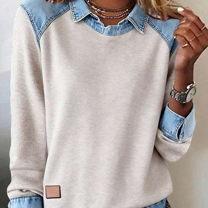 Womens Denim Collar Long Sleeve Patchwork Knitwear Top with denim accents and casual style, ideal for everyday wear.