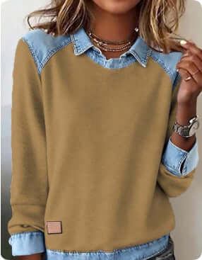 Womens Denim Collar Long Sleeve Patchwork Knitwear Top featuring a khaki body and denim collar, perfect for casual outfits.