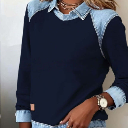 Womens Denim Collar Long Sleeve Patchwork Knitwear Top in navy blue with denim collar and sleeves, styled with layered necklaces.