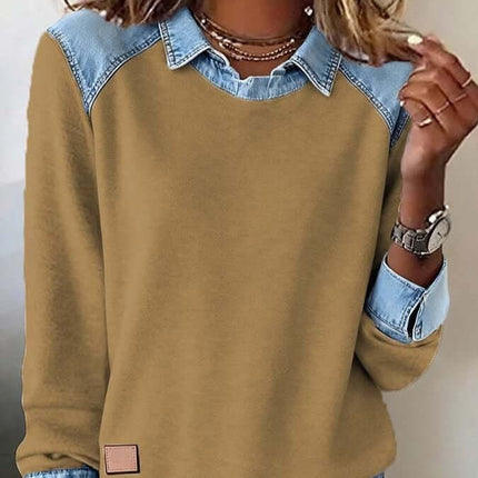 Womens Denim Collar Long Sleeve Patchwork Knitwear Top featuring a beige body and denim collar.