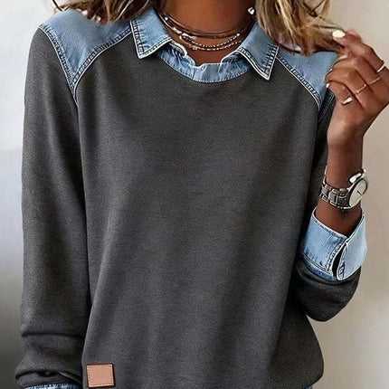 Womens Denim Collar Long Sleeve Patchwork Knitwear Top in stylish gray with denim collar and sleeves, perfect for casual wear.