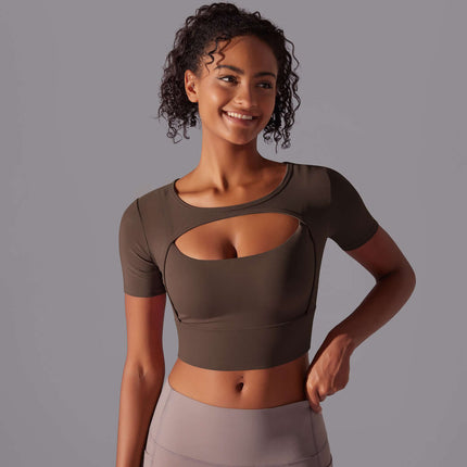 Womens Double Layer Mesh Hollow Short Sleeve Top Double Layer Design