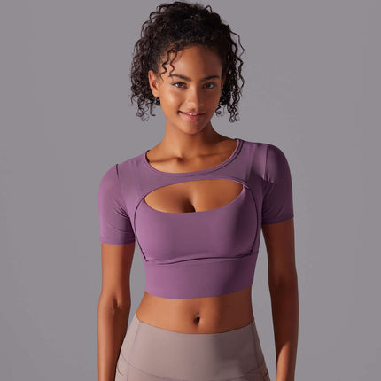 Womens Double Layer Mesh Hollow Short Sleeve Top Hollow Mesh Detail
