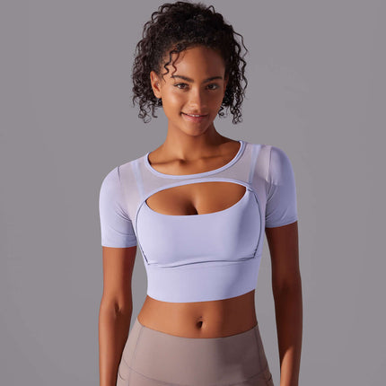 Womens Double Layer Mesh Hollow Short Sleeve Top Modern Mesh Top