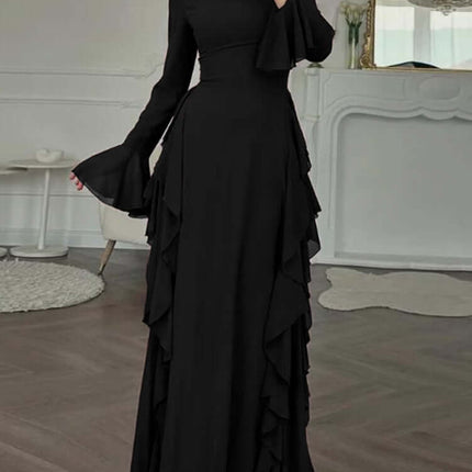 Womens Elegant Flare Sleeve A Line Party Dress in black with ruffles and flare sleeves, perfect for formal occasions.