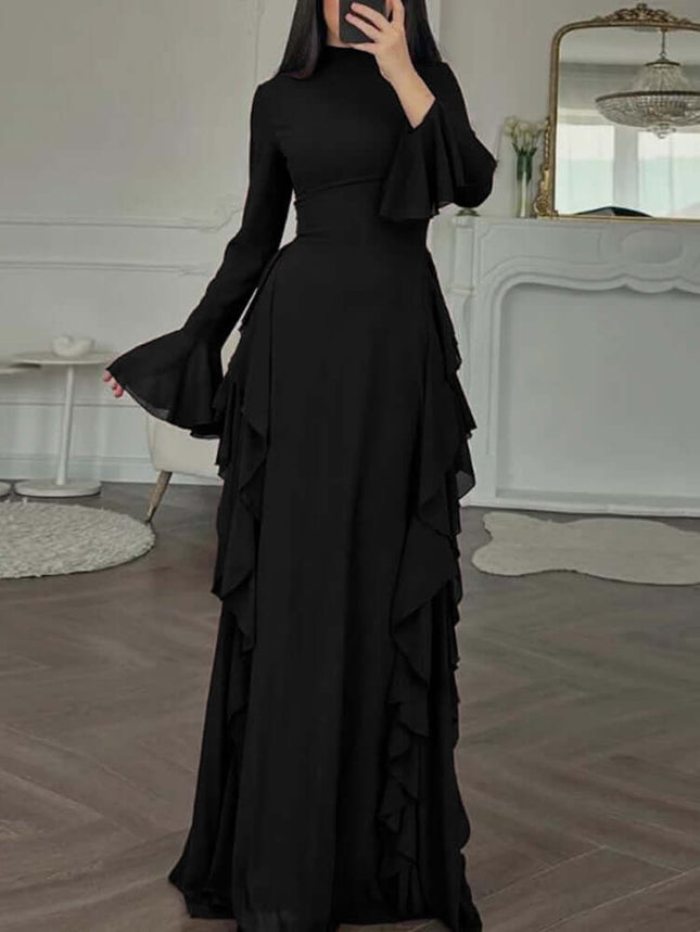 Womens Elegant Flare Sleeve A Line Party Dress in black with ruffles and flare sleeves, perfect for formal occasions.
