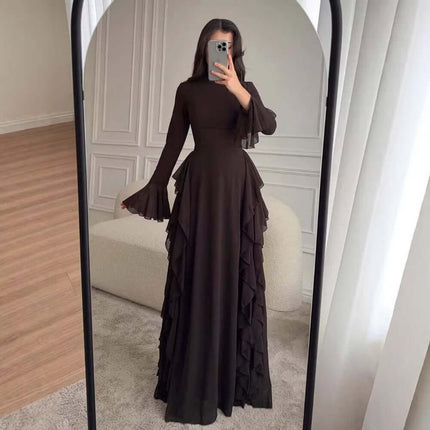 Womens Elegant Flare Sleeve A Line Party Dress in black with ruffles, showcasing stylish design in a mirror reflection.