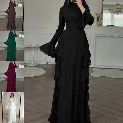 Womens Elegant Flare Sleeve A Line Party Dress in black with ruffles and flare sleeves, showcased in a stylish indoor setting.
