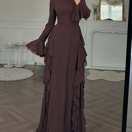 Womens Elegant Flare Sleeve A Line Party Dress in brown with ruffled details and long sleeves, perfect for elegant occasions.