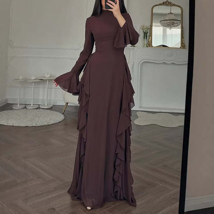 Womens Elegant Flare Sleeve A Line Party Dress in dark color with ruffled detailing and bell sleeves