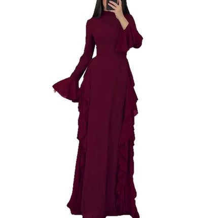 Womens Elegant Flare Sleeve A Line Party Dress in burgundy color with ruffle details, perfect for formal occasions.