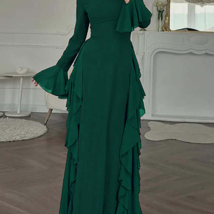 Womens Elegant Flare Sleeve A Line Party Dress in green with ruffles and flare sleeves, perfect for formal occasions.