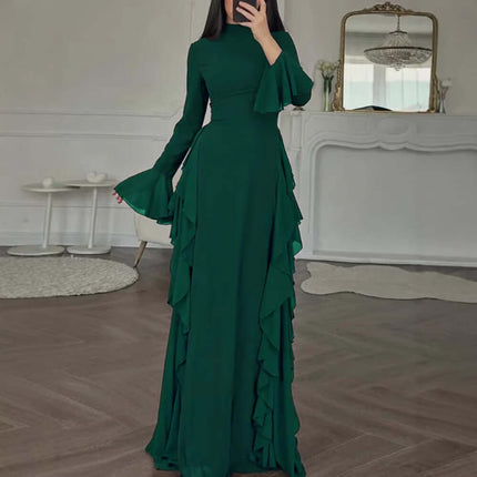 Womens Elegant Flare Sleeve A Line Party Dress in green with ruffled detail and long sleeves.