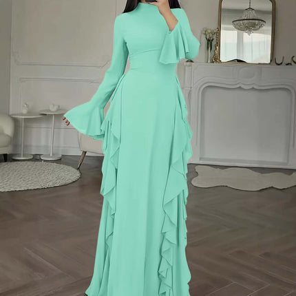 Womens Elegant Flare Sleeve A Line Party Dress in mint green with ruffles and flare sleeves, perfect for special occasions.