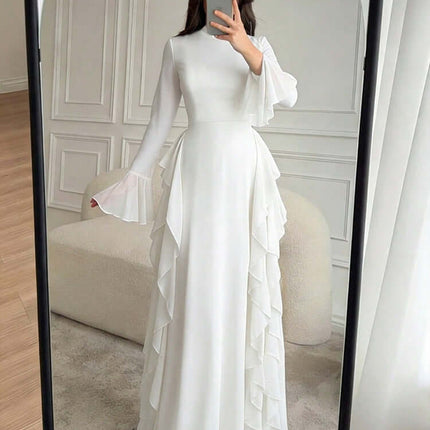Womens Elegant Flare Sleeve A Line Party Dress in white with ruffled design, perfect for formal events.