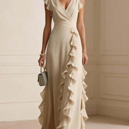 Womens Elegant Solid Color Ruffle V Neck Long Dress styled with ruffles and a sophisticated design, perfect for formal occasions.