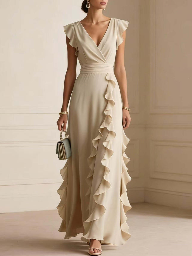 Womens Elegant Solid Color Ruffle V Neck Long Dress styled with ruffles and a sophisticated design, perfect for formal occasions.