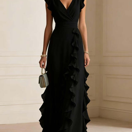 Womens Elegant Solid Color Ruffle V Neck Long Dress showcased in black, featuring ruffles and a flattering V-neckline.
