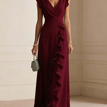 Womens Elegant Solid Color Ruffle V Neck Long Dress in burgundy with ruffle detailing and a flowing silhouette.